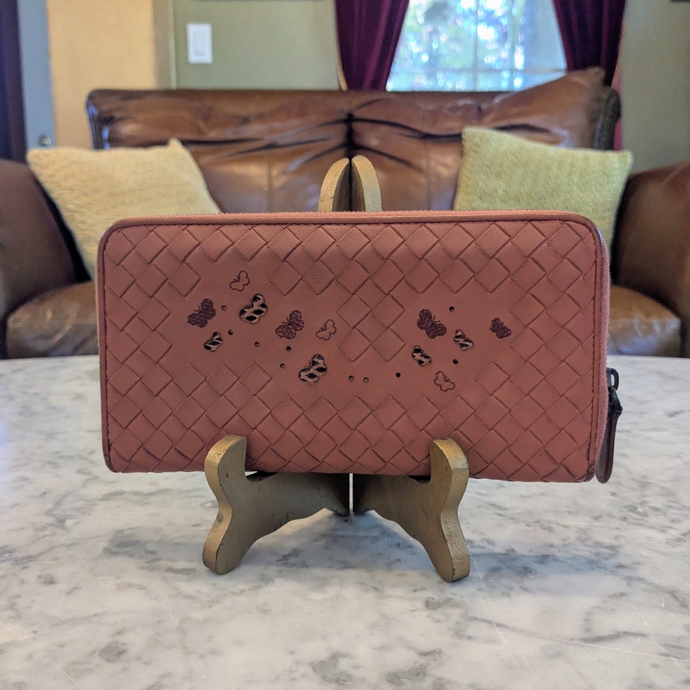 Bottega Veneta Intrecciato Continental Zip Leather Wallet with Butterfly Design